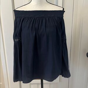Ramy Brook New York Navy Blue Poly Silk Peasant Top Crochet Off Shoulder Med EUC